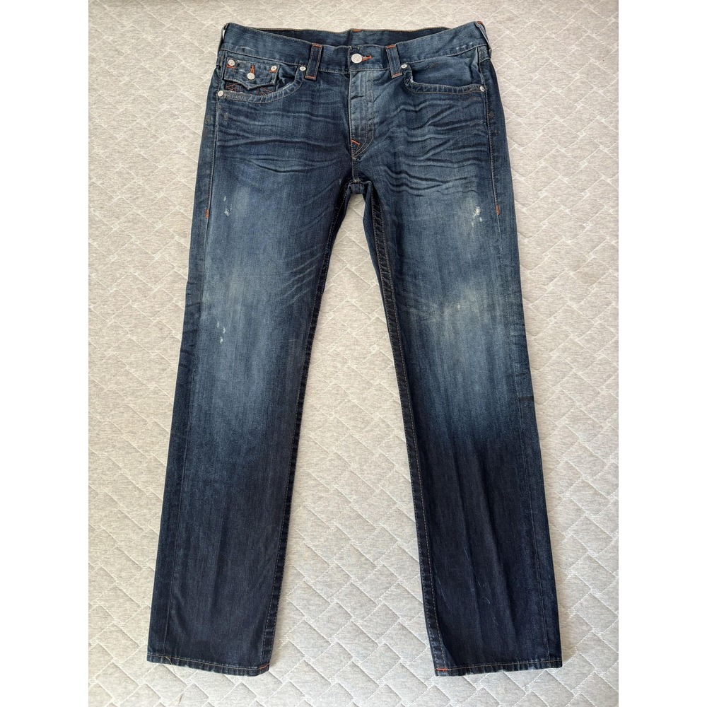 True Religion Jeans Mens 38 Blue Skinny Flap Pockets Horseshoe Stitching Denim